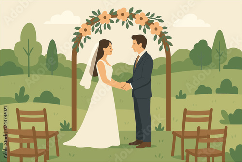 Charming outdoor wedding scene with bride and groom in nature setting