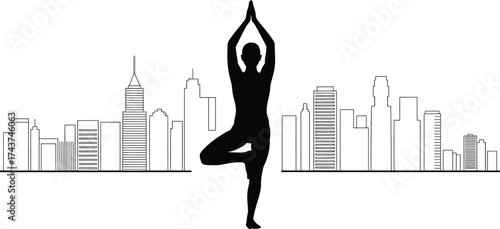 Yoga Tree Pose Silhouette Urban Landscape Fitness Training Exercise Background