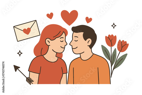 Romantic couple with hearts and flowers in simple flat style