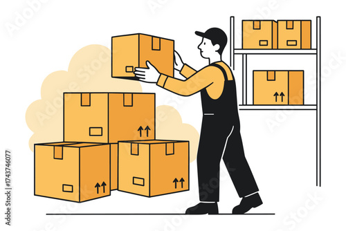 Worker organizing cardboard boxes in warehouse with modern flat design style