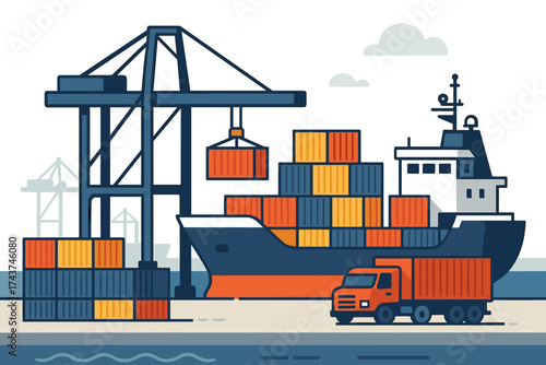 Cargo ship and truck at port with cranes and containers in flat design