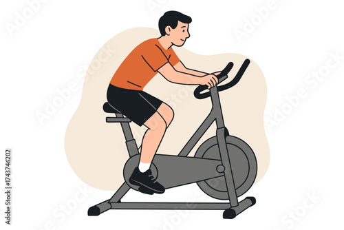 Man exercising on stationary bike in modern flat design style