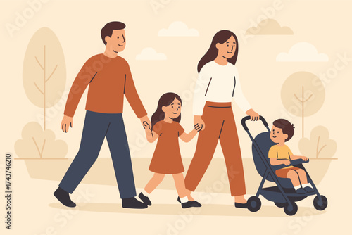 Happy family walking in park with stroller in flat style