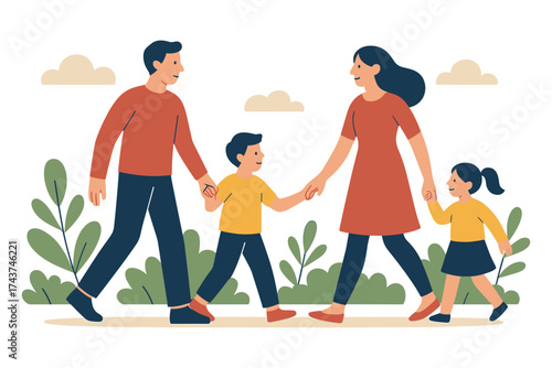Happy family walking together outdoors in a flat style illustration
