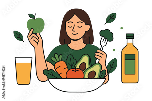 Woman enjoying a healthy meal with fresh vegetables and juice