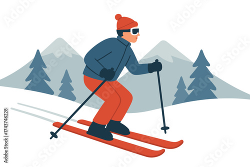 Winter sports enthusiast skiing in scenic mountain landscape with snowy trees