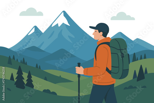 Adventure seeker exploring mountain trails in minimalist style