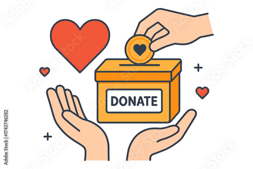 Heartfelt donation box concept with coin and hands in flat style