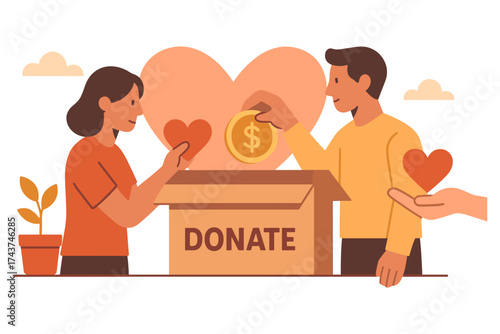 Charity concept with diverse people donating money and hearts