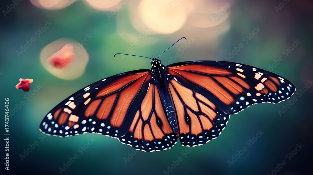 Fototapeta premium Elegant monarch butterfly with orange and black wing on blurry background