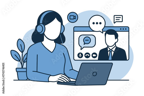 Virtual meeting concept with headphones and video call on laptop in modern workspace