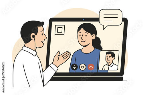 Virtual meeting concept: two colleagues video chatting on laptop screen