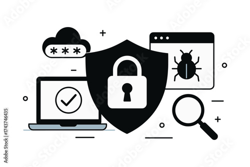 Cybersecurity icons with lock, cloud, laptop, and bug in minimalist flat design