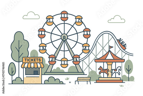 Amusement park scene with ferris wheel, roller coaster, and carousel in flat style