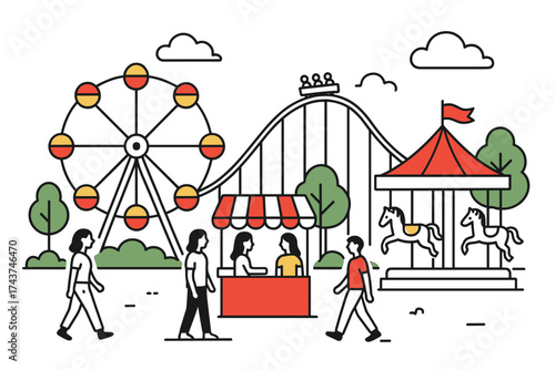 Amusement park in linear style with ferris wheel and roller coaster