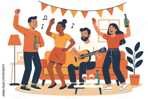 Friends enjoying a home party with music and drinks in a cozy flat design