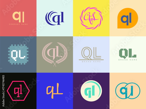 QL logo company template. Letter q and l logotype. Set different classic serif lettering and modern bold text with design elements. Initial font typography.