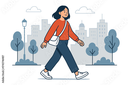 Woman walking in urban park scene with modern flat design style