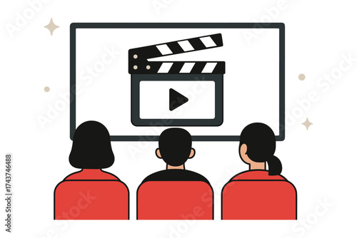 Audience watching movie in theater with clapperboard on screen icon