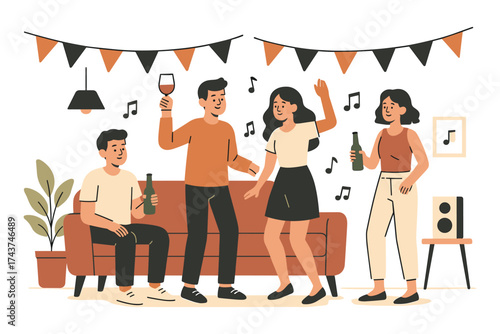 Cheerful gathering of friends dancing and relaxing at a cozy house party