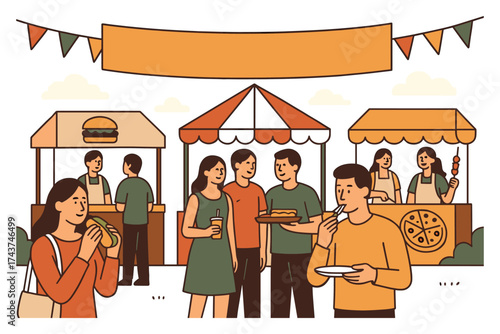 Vibrant food festival scene with market stalls and happy people enjoying snacks