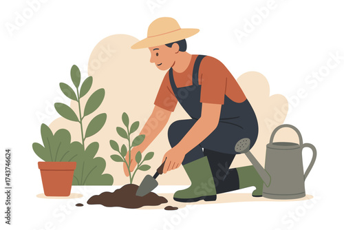 Gardener planting sapling in garden with watering can and plants
