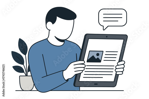 Person reading on tablet with speech bubble in minimalist style