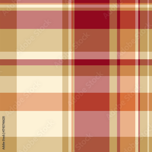 Printing background plaid seamless, aged textile check pattern. Fashioned texture fabric vector tartan in red and amber colors.