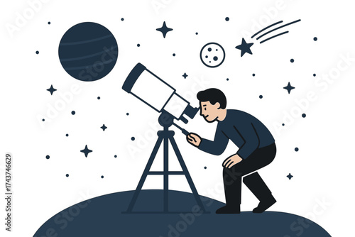 Stargazer with telescope under night sky with stars and planets