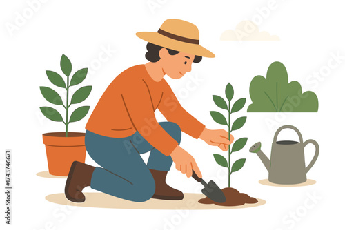 Gardening activity: person planting seedlings with watering can and plants
