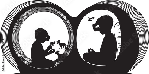Two silhouetted figures inside oval frames one engaged in play the other sleeping illustrating contrast and different states of consciousness