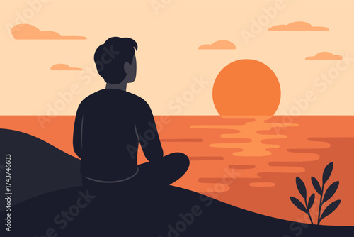 Tranquil silhouette of person relaxing at sunset by the sea