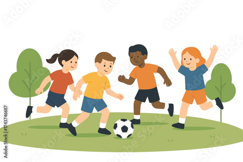 Children playing soccer outdoors in a park setting