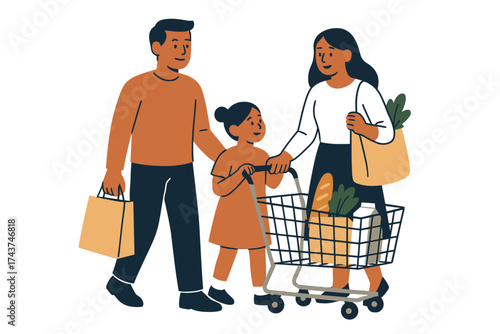 Family shopping together with grocery cart and eco bags in modern flat style