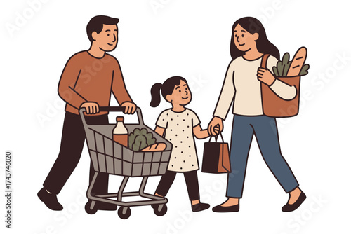 Family shopping together with groceries and smiling faces in a flat style