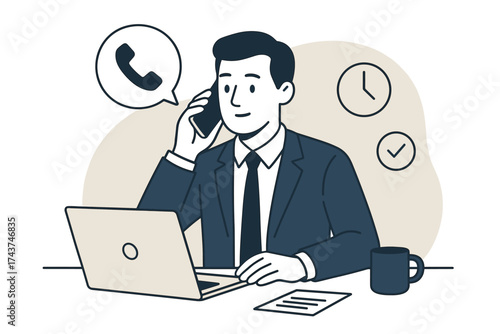 Business professional in conversation at desk with laptop and icons in minimalist style