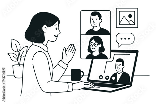 Woman engaging in online meeting with colleagues via video call on laptop