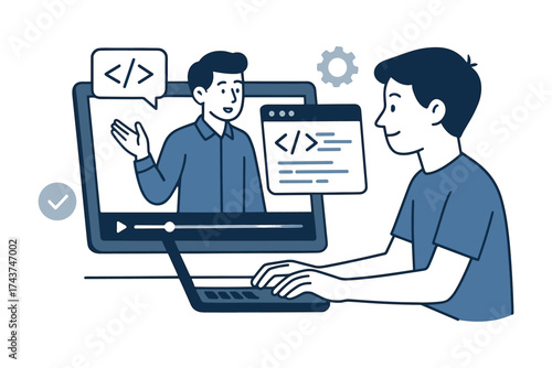 Online coding tutorial session with instructor and student in modern flat design