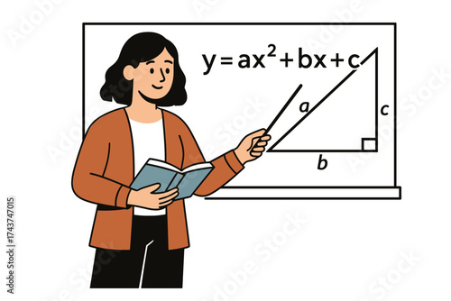 Math teacher explains algebraic equations and geometry on classroom whiteboard