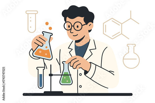 Scientist in lab coat conducting experiments with chemical equipment icon