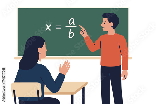 Teacher explaining math equation in classroom scene