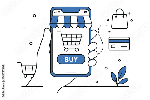 Online shopping concept with mobile e-commerce icon in minimalist design