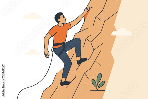 Person rock climbing on cliff in simple flat style