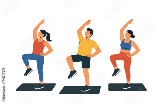 Flat style fitness class with three individuals performing aerobic exercises