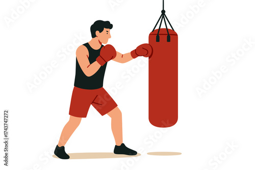 Man practicing boxing with punching bag in minimalist style