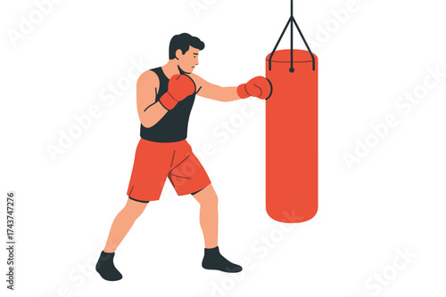 Boxer training with punching bag in minimalist flat design
