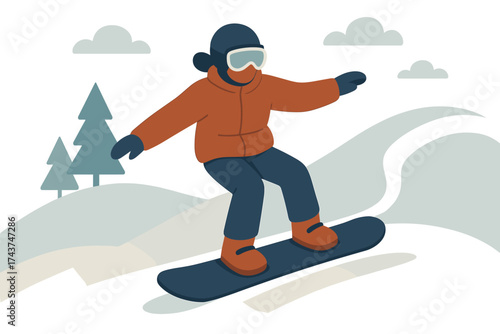 Snowboarding adventure in winter landscape with mountain view