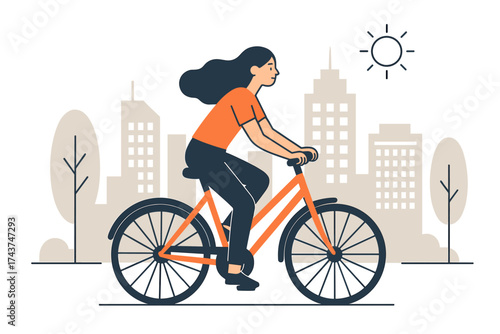 Urban commuter on bicycle in minimalist cityscape with modern flat design