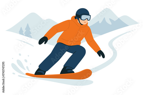 Winter sports adventure: snowboarder carving through snowy mountain landscape