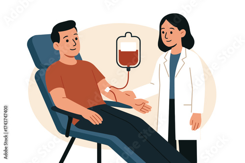 Medical professional assisting with blood donation procedure